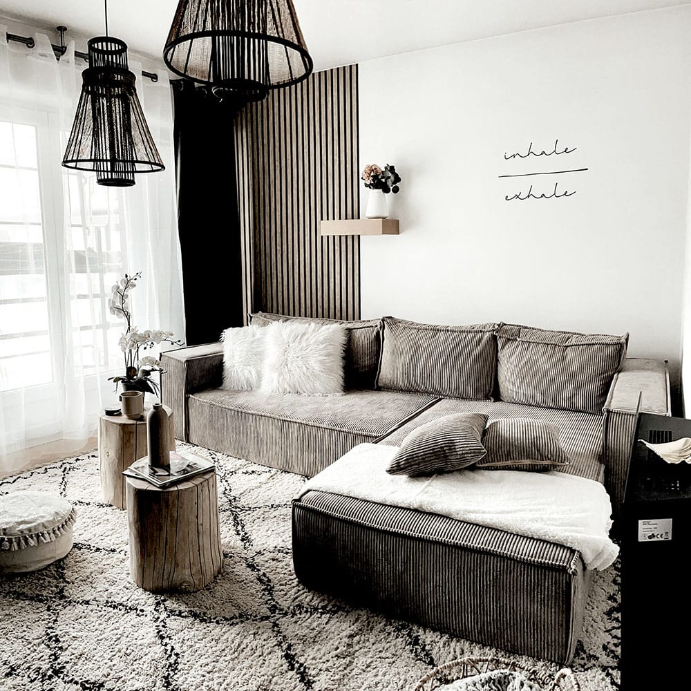 Salon lumineux avec canapé d'ange et décoration moderne au Cocon Blanc appartement de vacances à Metz
