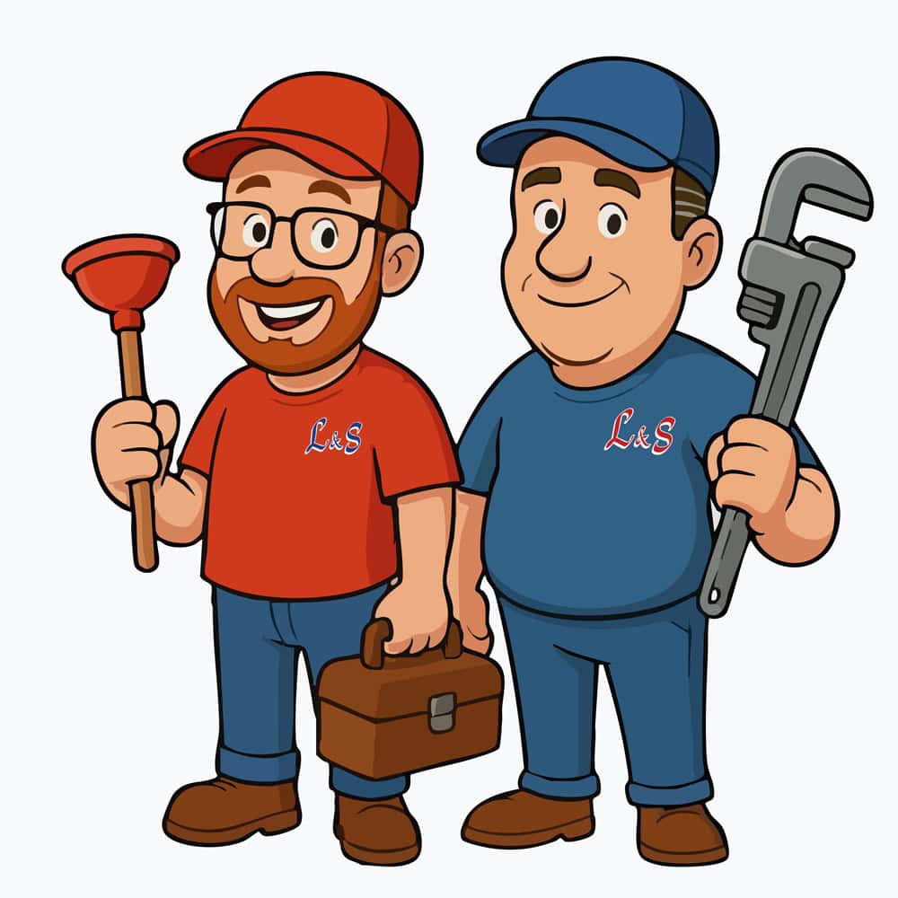 Two cartoon plumbers wearing L&S branded shirts