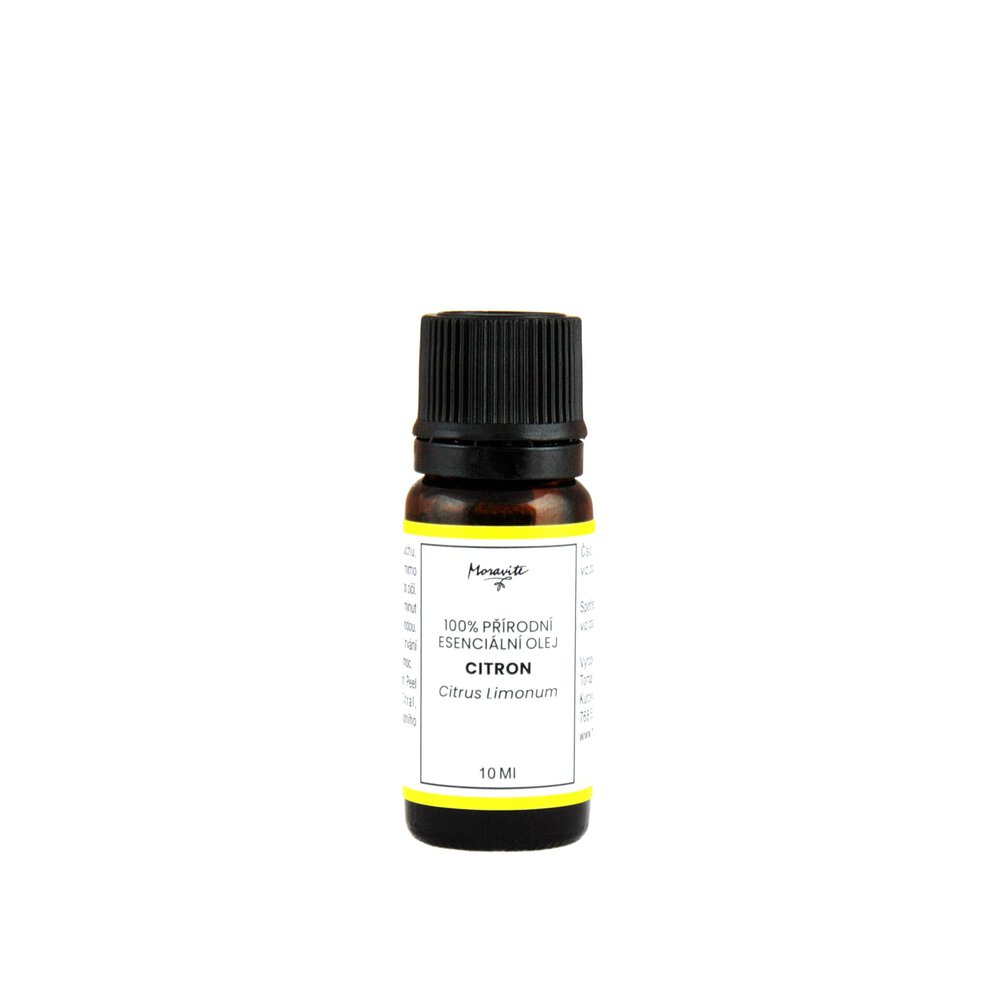 Hnědá skleněná lahvička 10ml 100% přírodního esenciálního oleje Citron (Citrus Limonum) značky Moravité na čistém bílém pozadí.