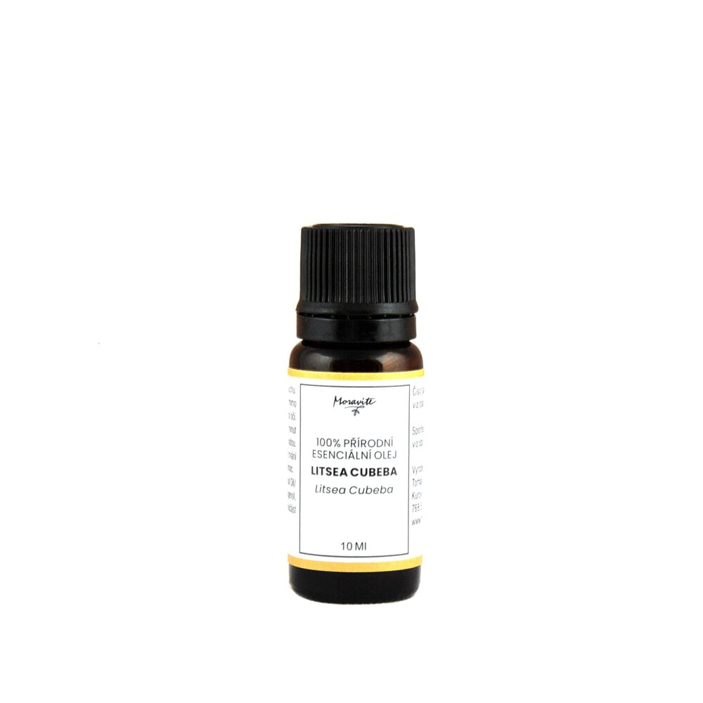 Hnědá skleněná lahvička 10ml 100% přírodního esenciálního oleje Litsea Cubeba značky Moravité na čistém bílém pozadí.