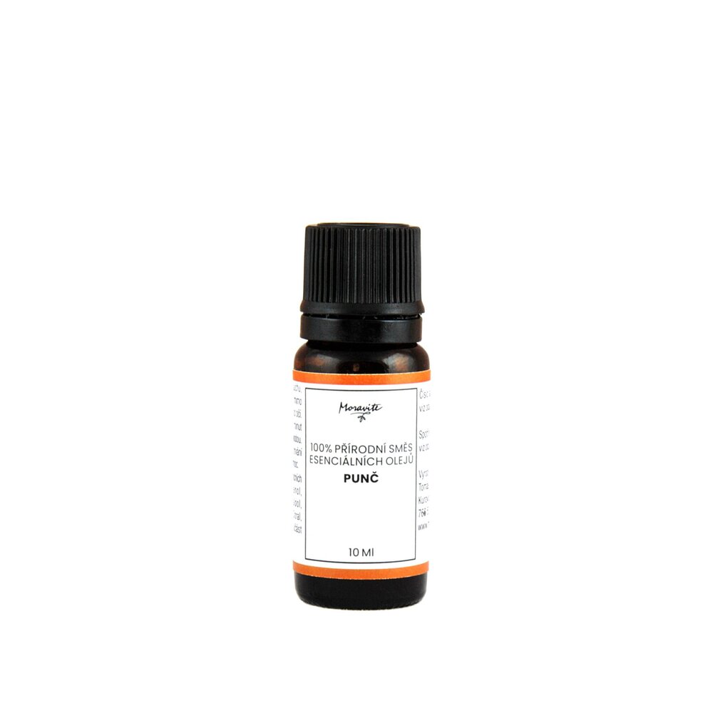 Hnědá skleněná lahvička 10ml 100% přírodní směsi esenciálních olejů s názvem Punč značky Moravité na čistém bílém pozadí.