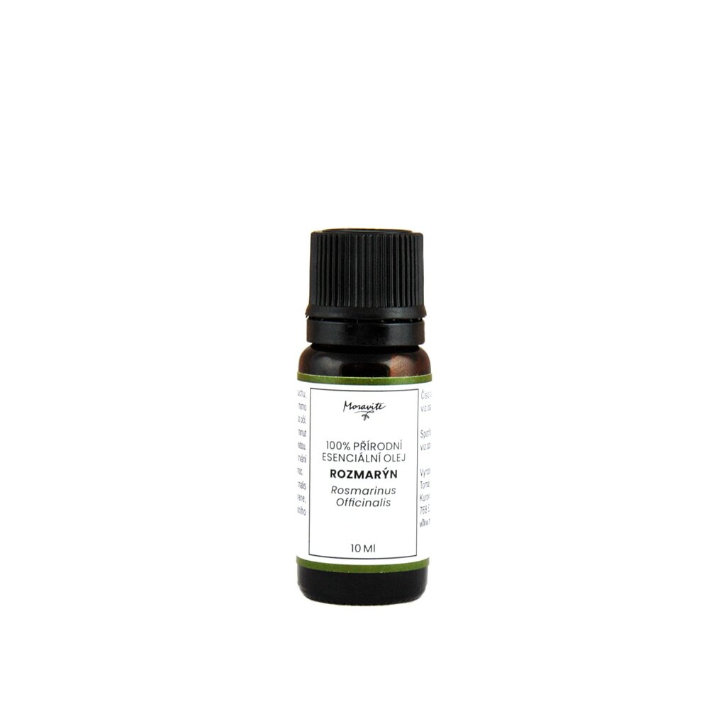 Hnědá skleněná lahvička 10ml 100% přírodního esenciálního oleje Rozmarýn (Rosmarinus Officinalis) značky Moravité na čistém bílém pozadí.