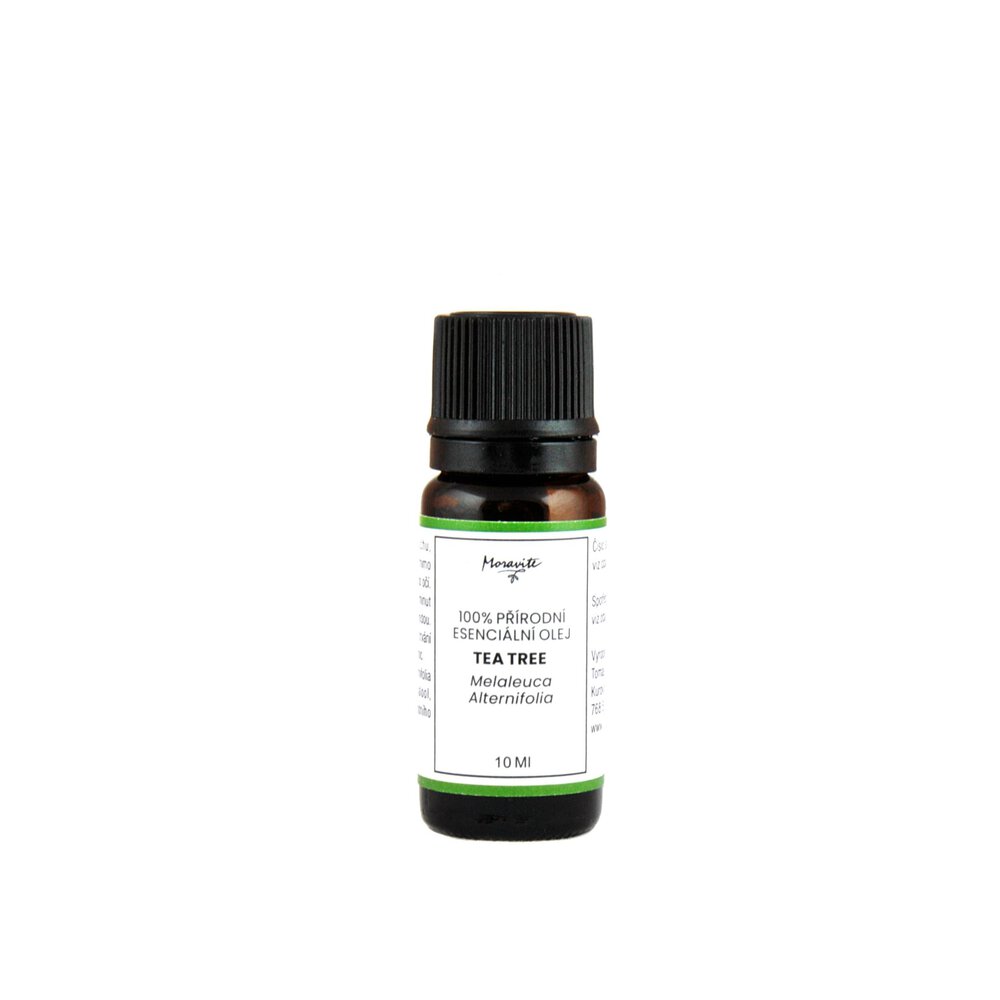 Hnědá skleněná lahvička 10ml 100% přírodního esenciálního oleje Tea Tree (Melaleuca Alternifolia) značky Moravité na čistém bílém pozadí.