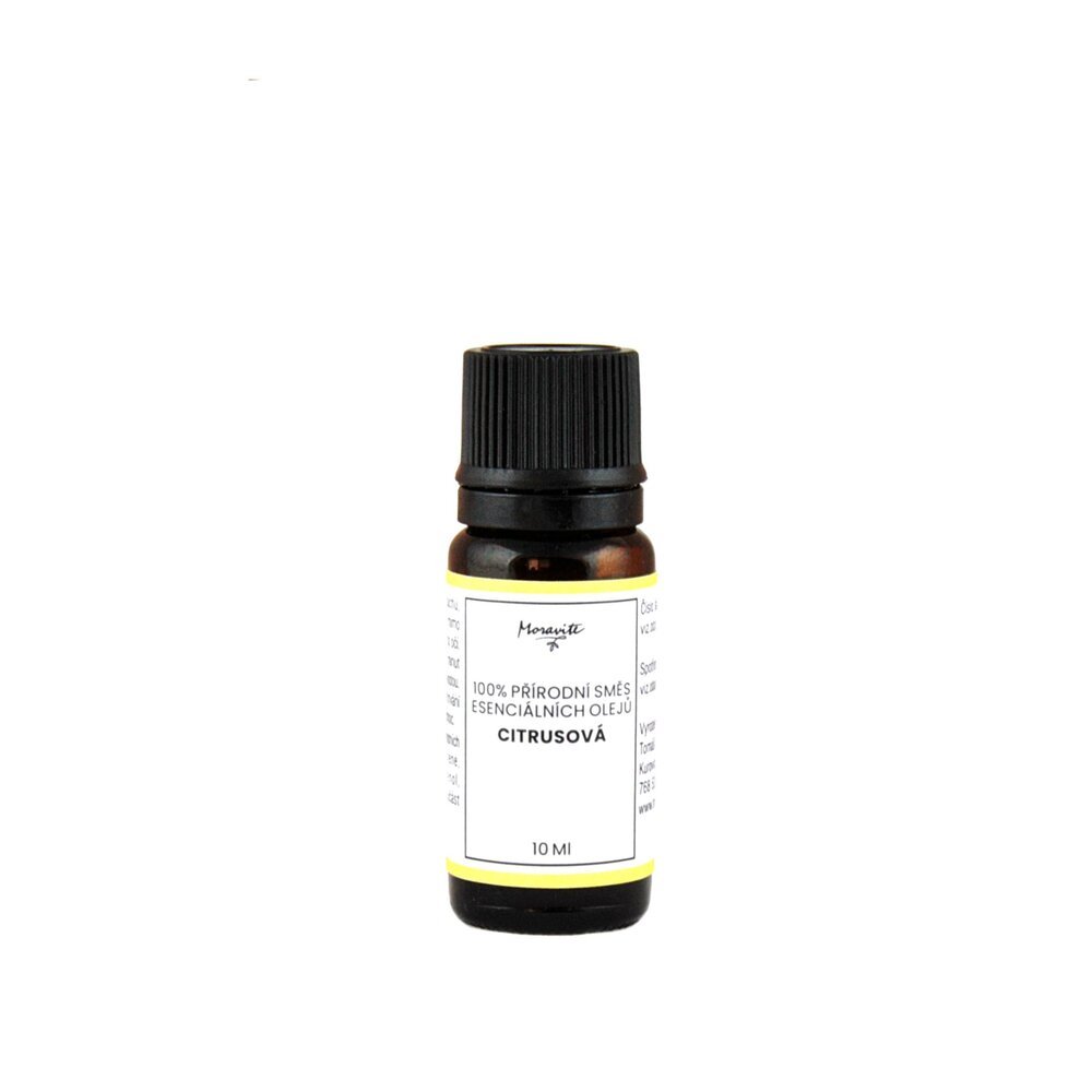 Hnědá skleněná lahvička 10ml 100% přírodní směsi esenciálních olejů s názvem Citrusová značky Moravite na čistém bílém pozadí.