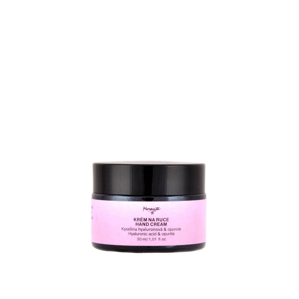Černá dóza s krémem na ruce Moravité, růžová etiketa s nápisem Kyselina hyaluronová & opuncie, 30 ml.