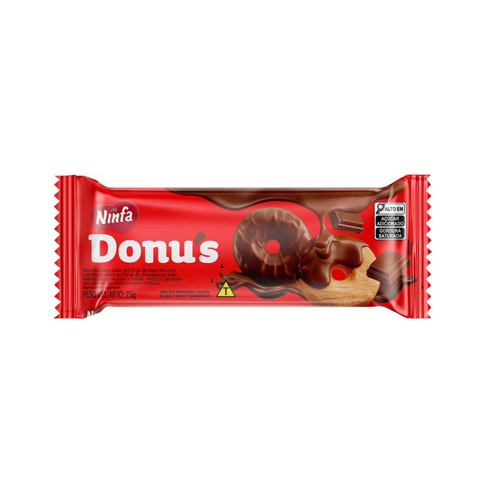 Embalagem de donut sabor chocolate de 75g, com rótulo marrom e vermelho.