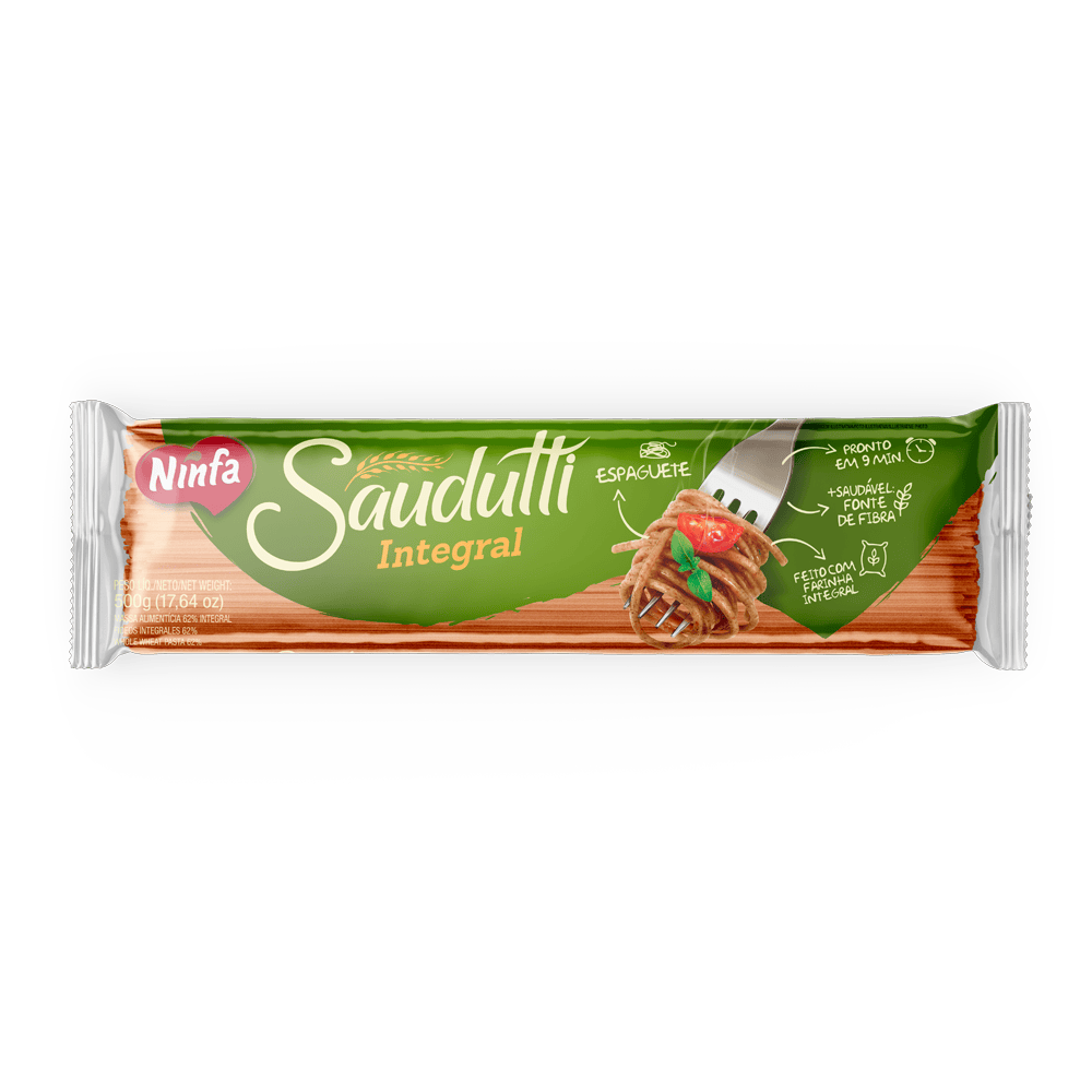 Embalagem de espaguete integral Saudutti de 500g, com rótulo verde, exibindo janela transparente com a massa.