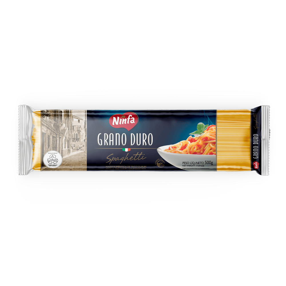 Embalagem de espaguete grano duro de 500g, com rótulo azul, exibindo janela transparente com a massa.