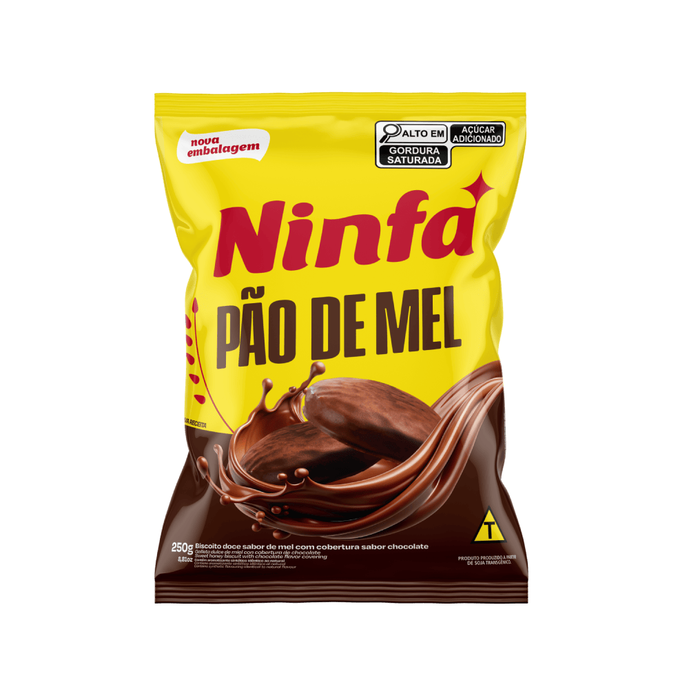 Embalagem de pão de mel com cobertura de chocolate de 250g, rótulo amarelo com detalhes marrom e vermelho.