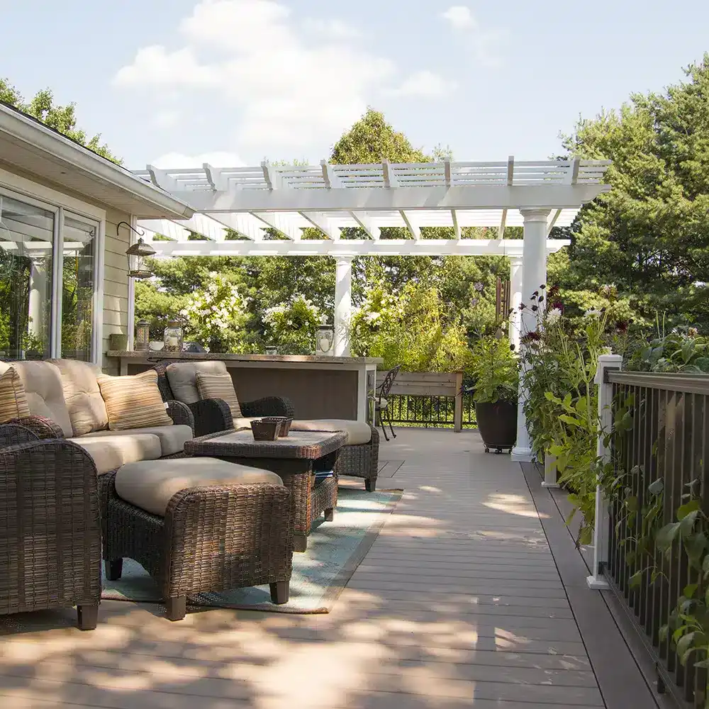 Williamsburg fiberglass pergola on a raised deck