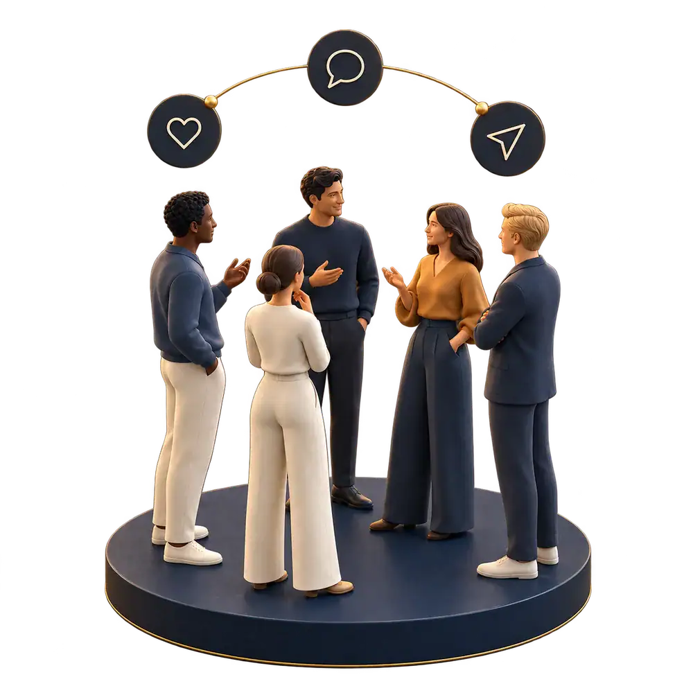 Community im Gespräch mit Symbolen für Austausch und Vernetzung