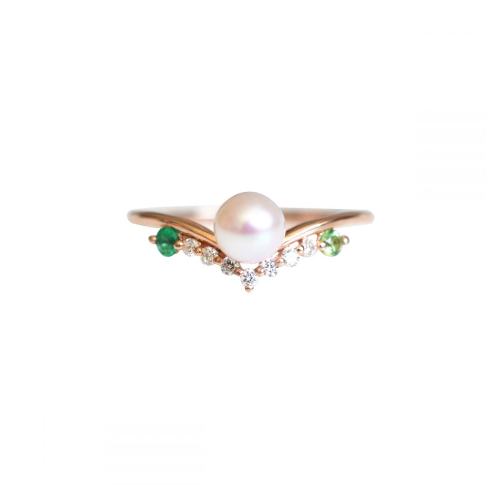 Akoya Pearl Ring with Emerald and Peridot - Lauren
