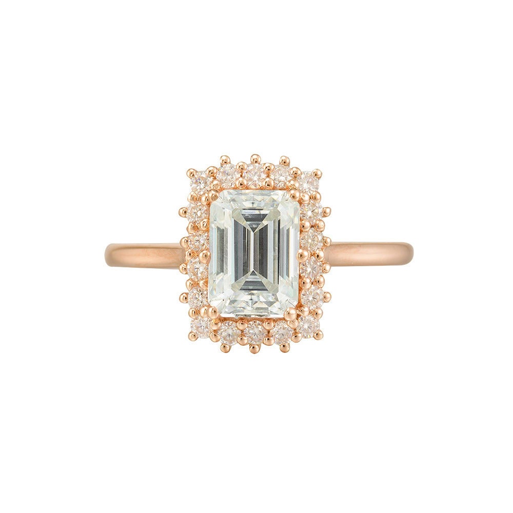 Emerald Cut Moissanite Halo Ring – Harlow