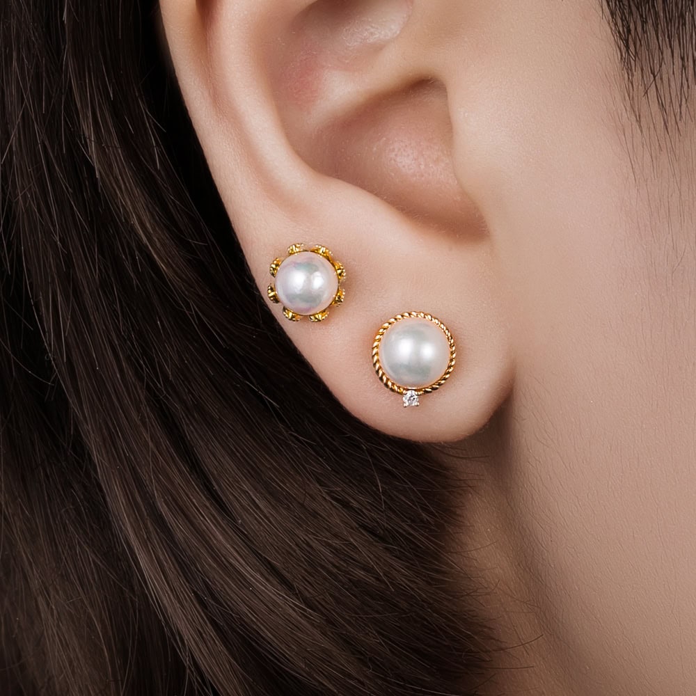 Diamond Pearl Stud Earrings - Aki - Image 4