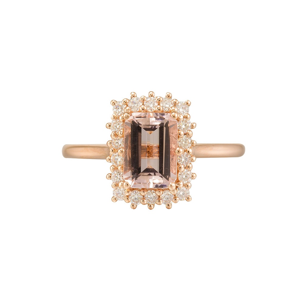 Emerald Cut Morganite Halo Ring – Meline