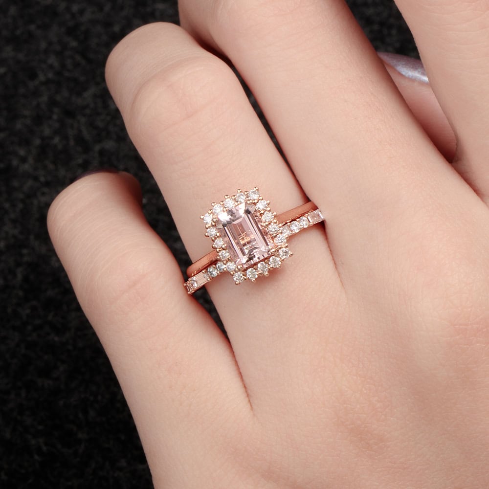 Emerald Cut Morganite Halo Ring – Meline - Image 4