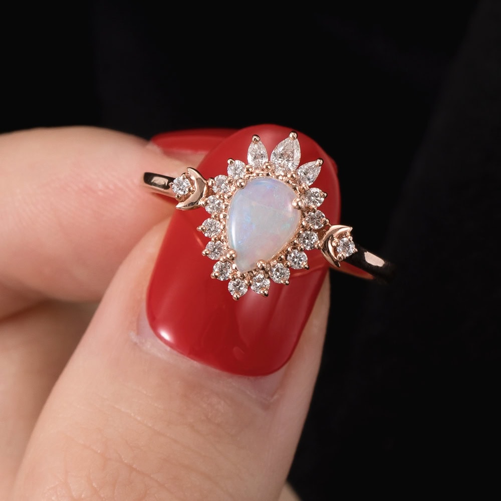 Crescent Moon Art Deco Opal Ring - Rosé - Image 3