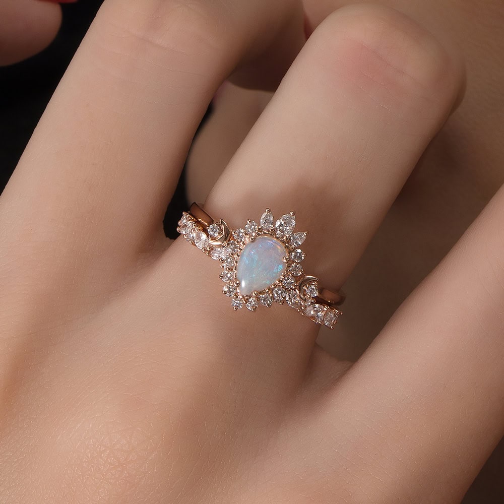 Crescent Moon Art Deco Opal Ring - Rosé - Image 7