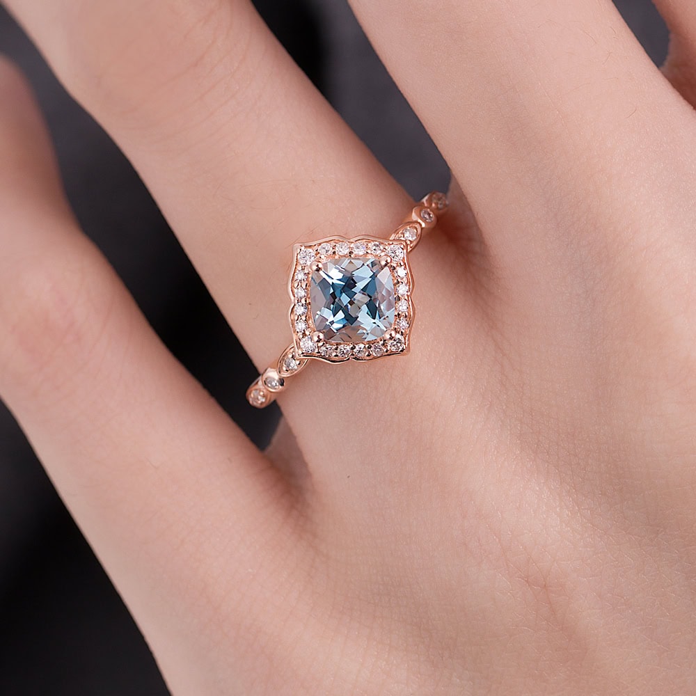 Cushion Cut Aquamarine Engagement Ring - Clover - Image 5