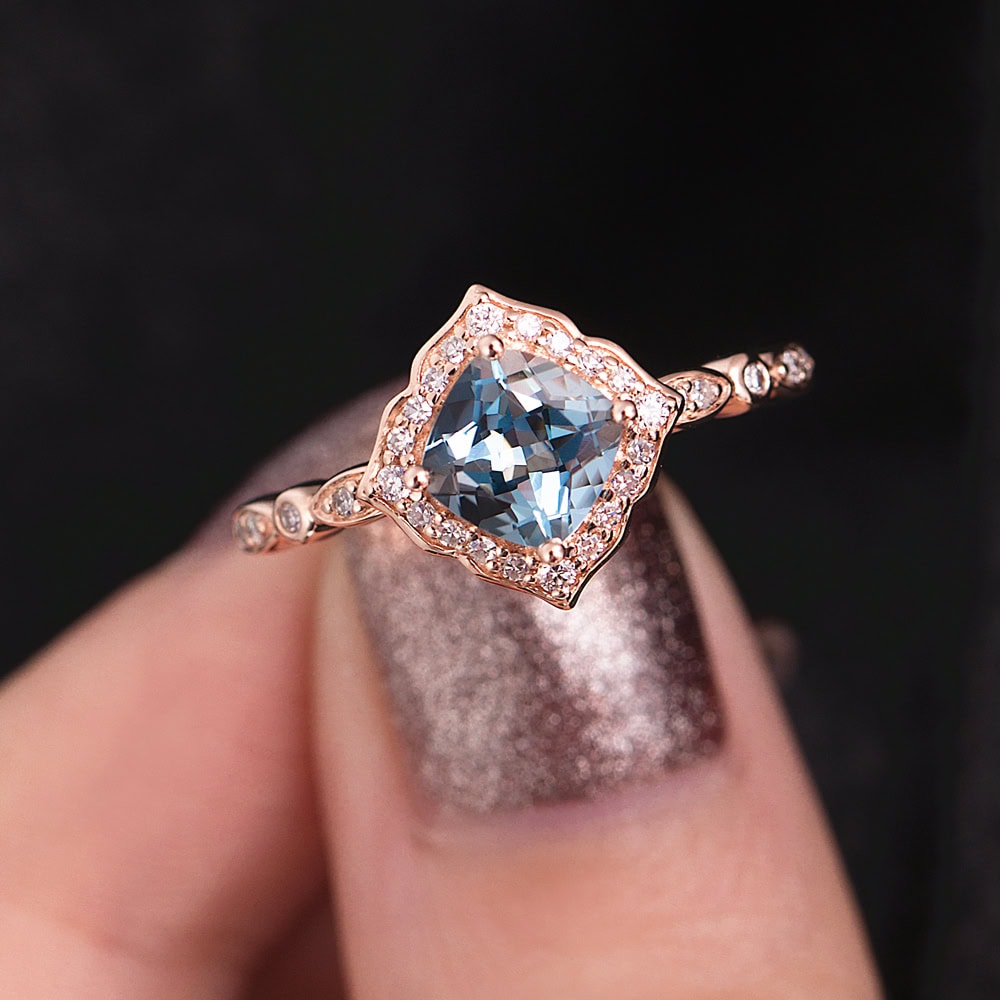 Cushion Cut Aquamarine Engagement Ring - Clover - Image 4