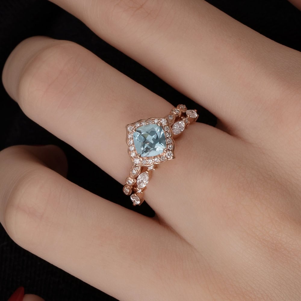 Cushion Cut Aquamarine Engagement Ring - Clover - Image 6