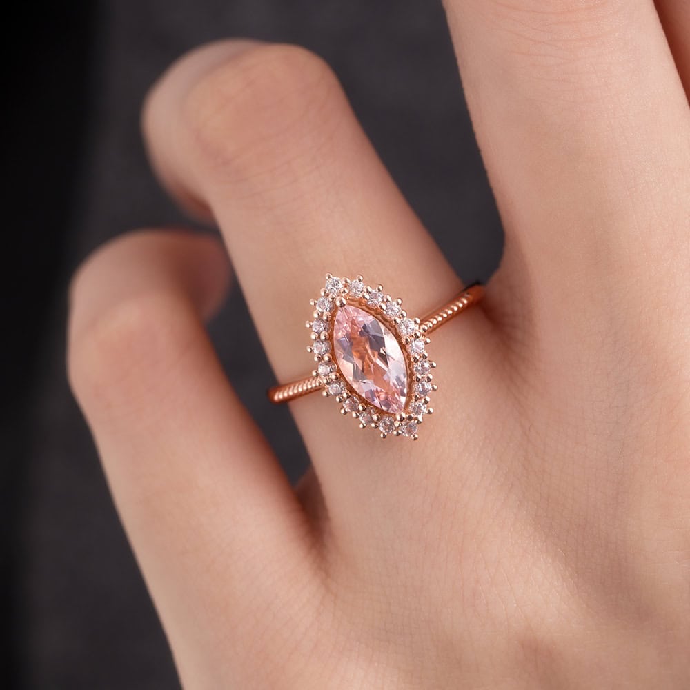 Marquise Cut Halo Morganite Ring - Millie
