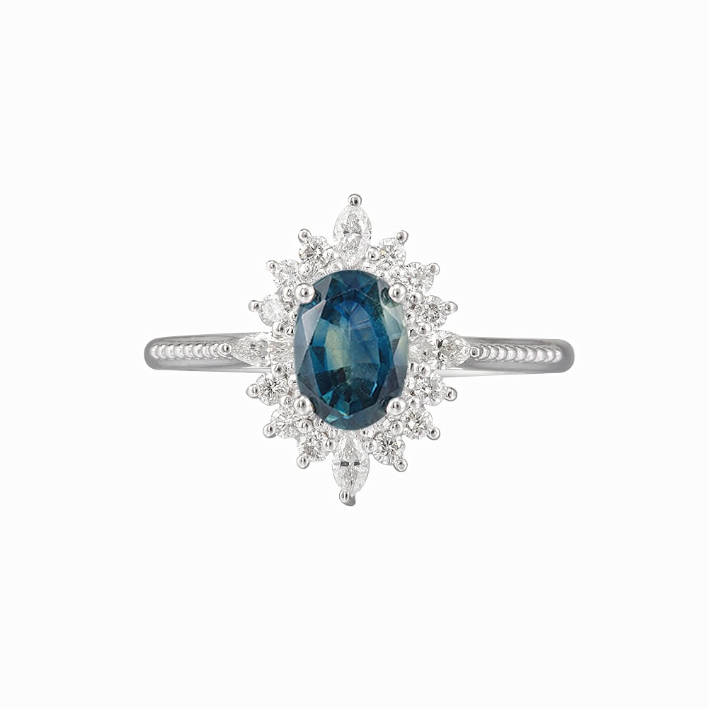 Art Deco Oval Teal Sapphire Ring - Phoebe