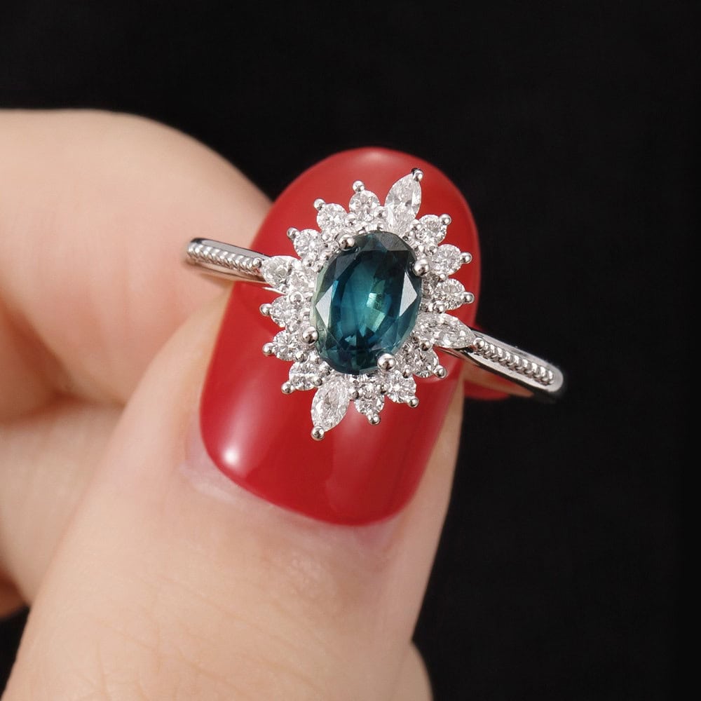 Art Deco Oval Teal Sapphire Ring - Phoebe - Image 4