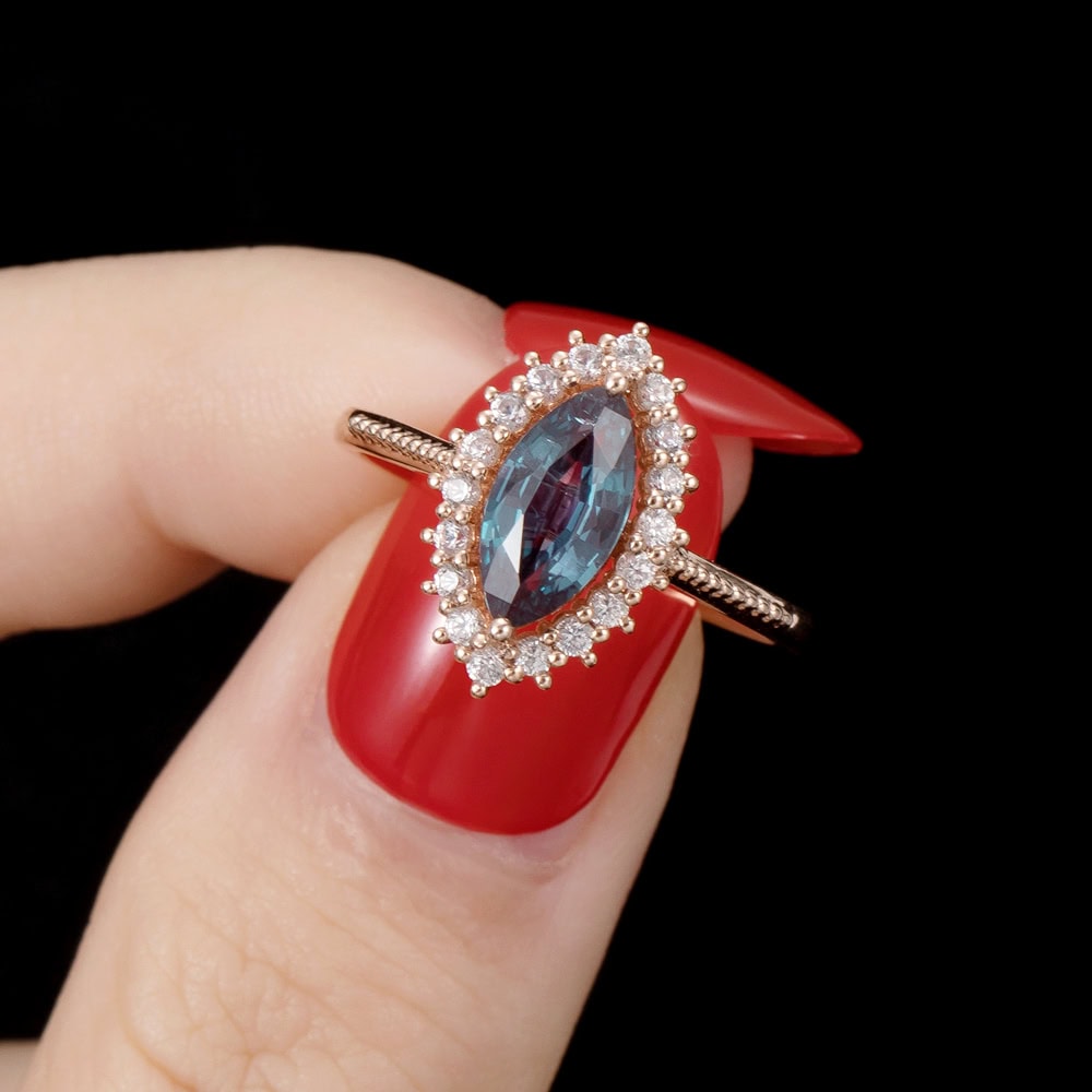 Marquise Cut Halo Alexandrite Ring - Yolanda - Image 6