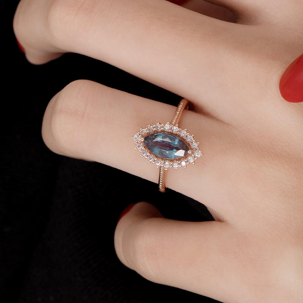 Marquise Cut Halo Alexandrite Ring - Yolanda - Image 3