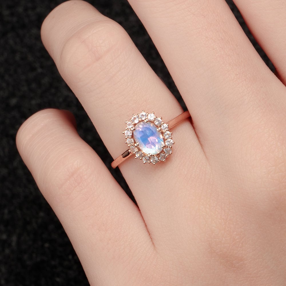 Oval Cut Halo Moonstone Ring - Alma - Image 4