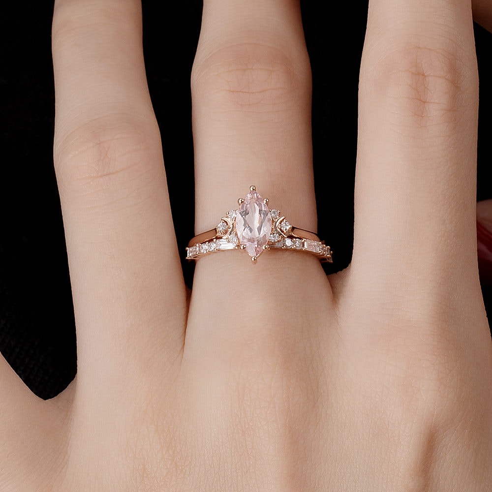 Crescent Moon Marquise Cut Morganite Ring -  Selena - Image 8