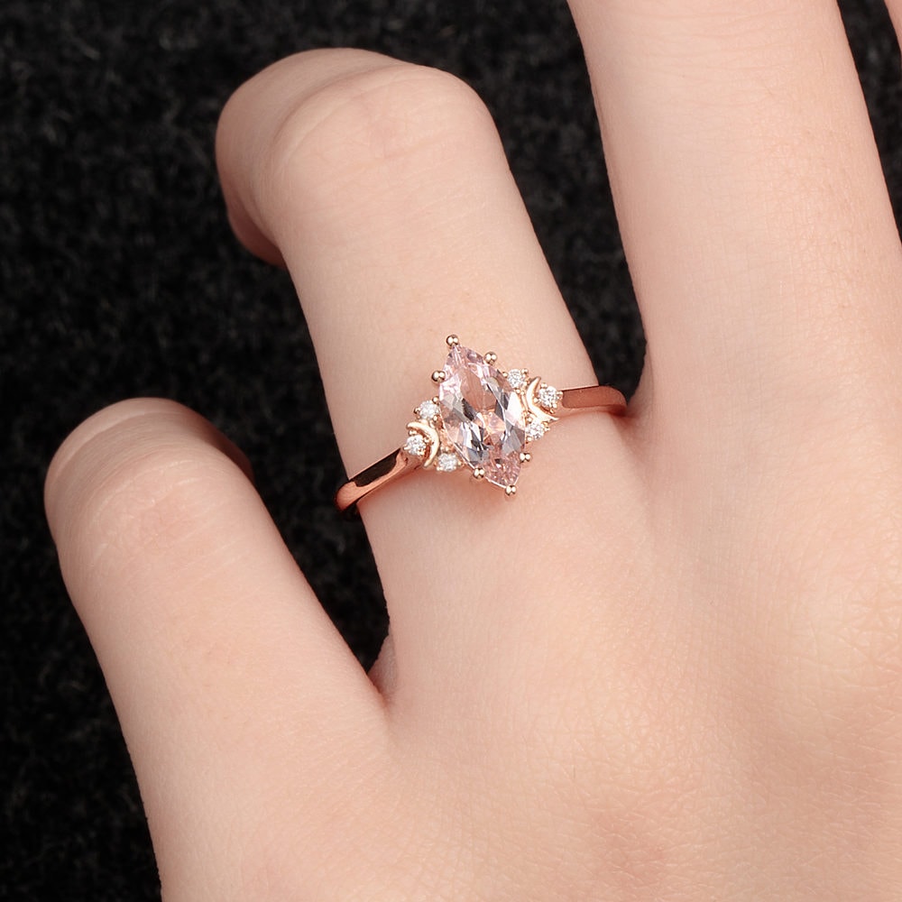 Crescent Moon Marquise Cut Morganite Ring -  Selena - Image 4