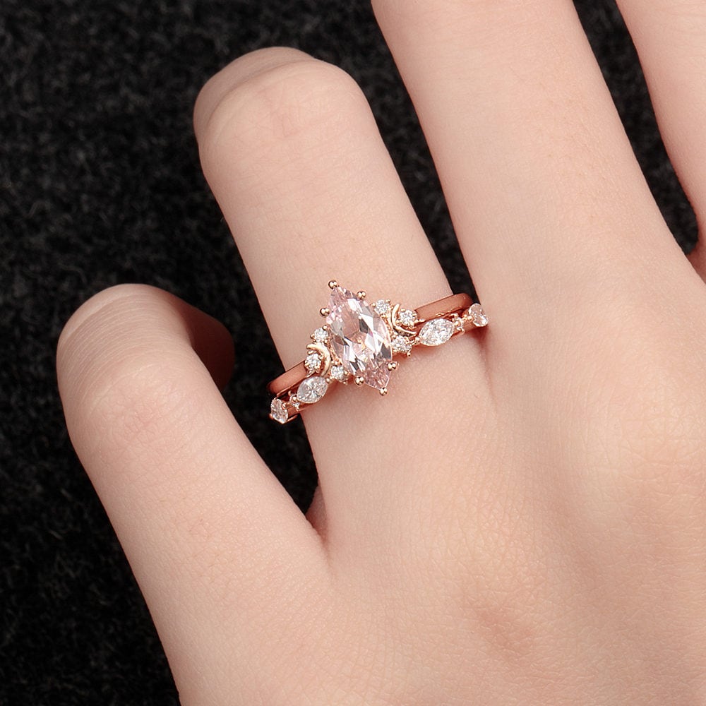 Crescent Moon Marquise Cut Morganite Ring -  Selena - Image 5