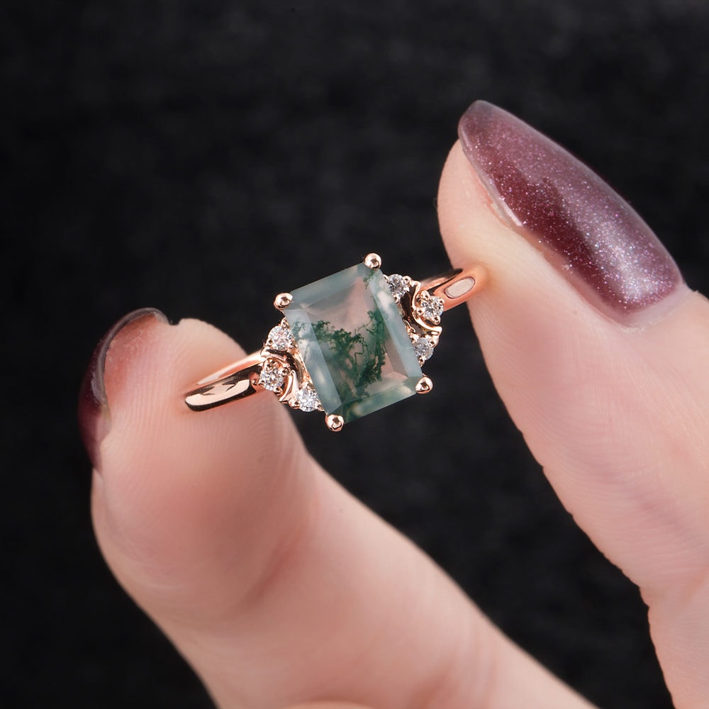 Crescent Moon Emerald Cut Moss Agate Ring - Aspen