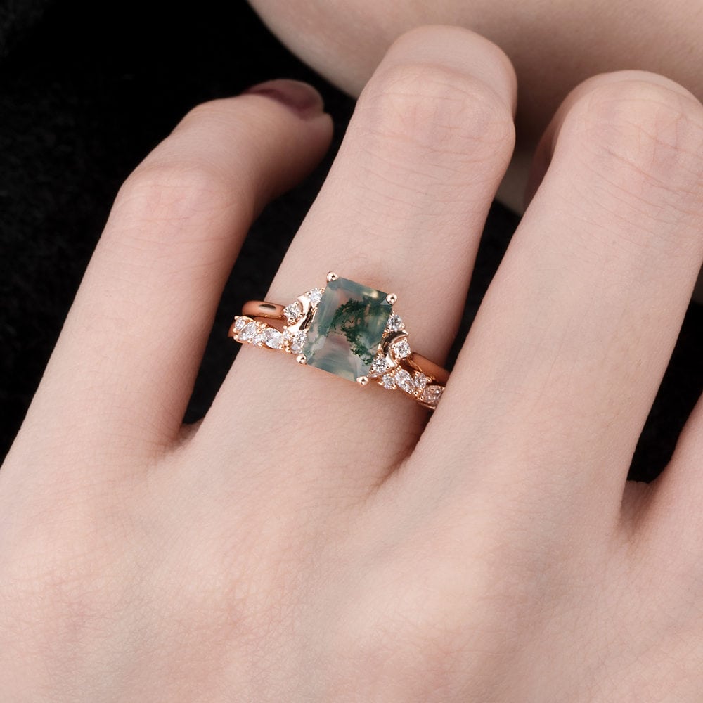 Crescent Moon Emerald Cut Moss Agate Ring - Aspen - Image 3