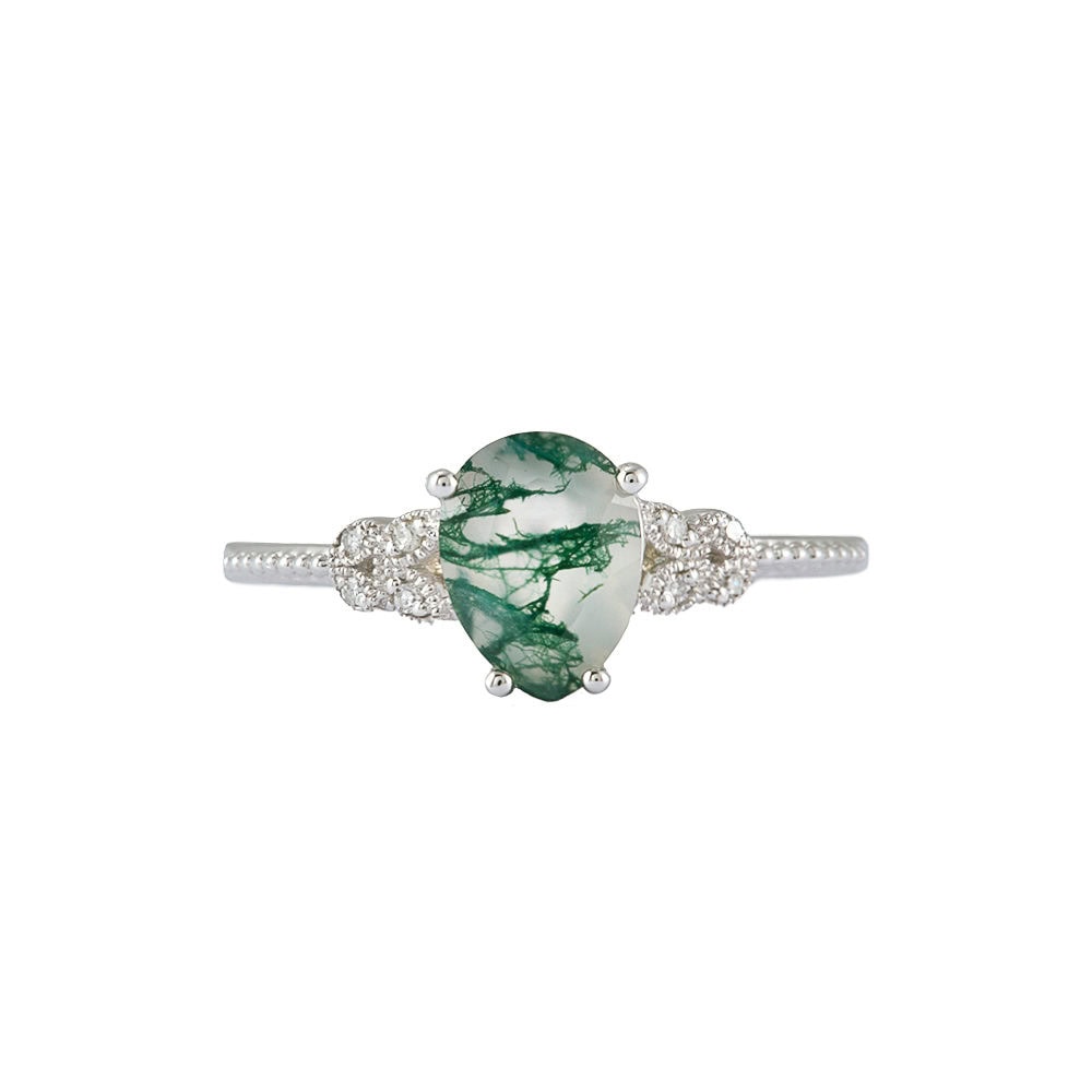 Nature Inspired Pear Cut Moss Agate Ring- Hazel