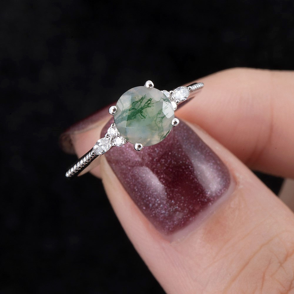 Round Cut Moss Agate Diamond Ring - Summer - Image 3