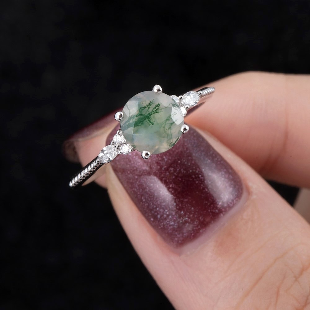 Round Cut Moss Agate Diamond Ring - Summer - Image 3