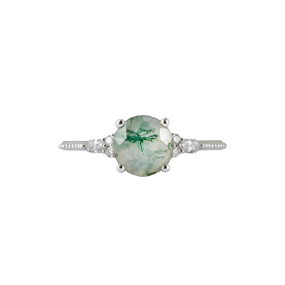 Round Cut Moss Agate Diamond Ring - Summer