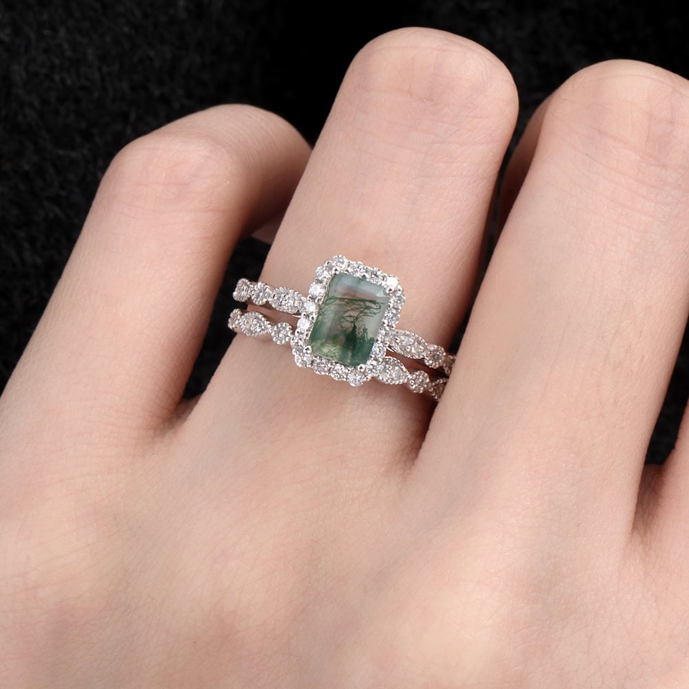 Vintage Inspired Emerald Cut Moss Agate Ring - Lindsey - Image 4