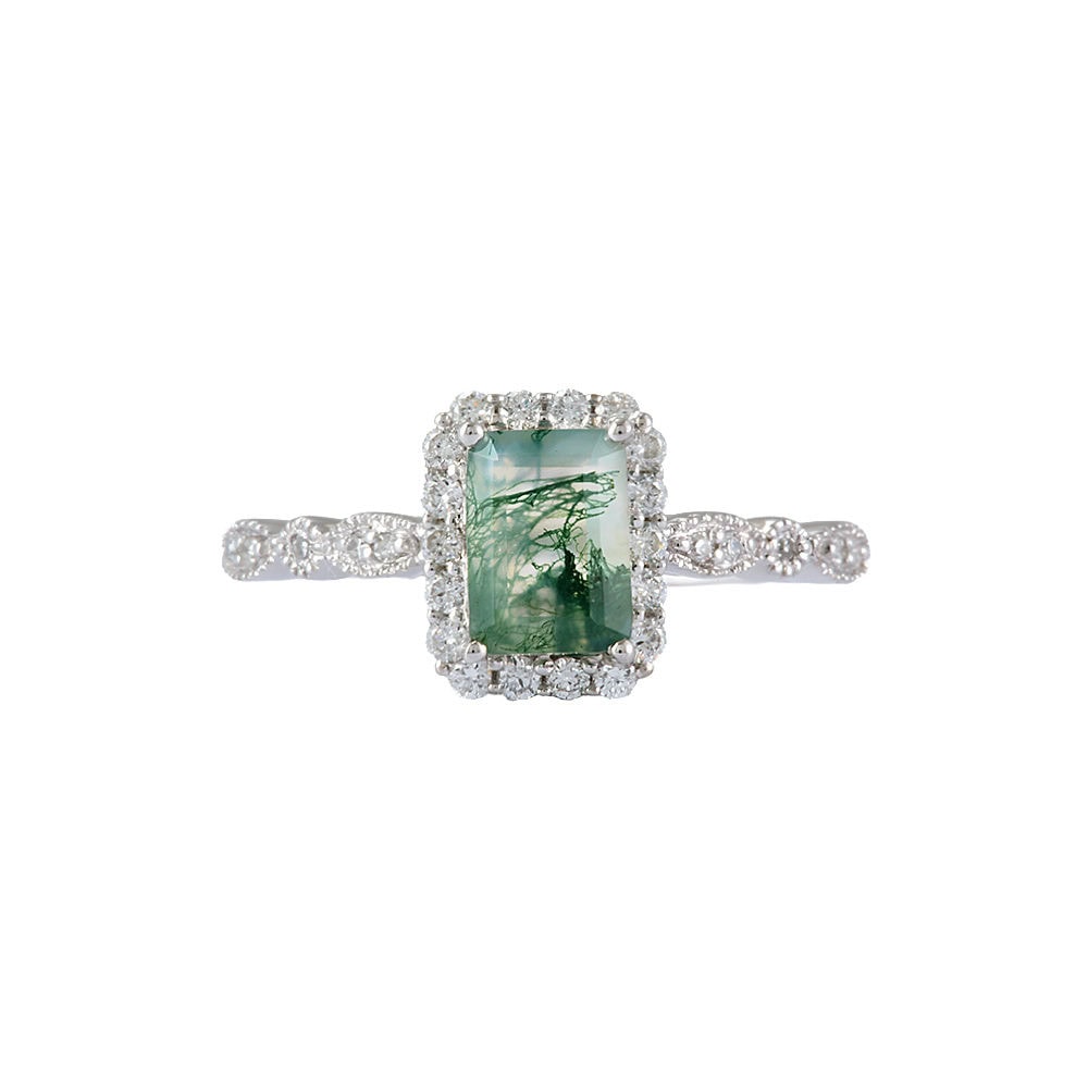 Vintage Inspired Emerald Cut Moss Agate Ring - Lindsey