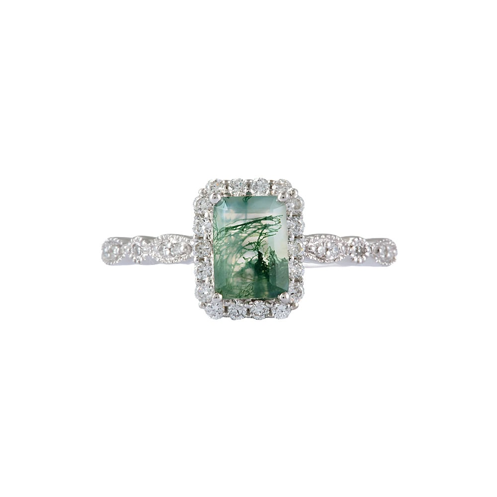 Vintage Inspired Emerald Cut Moss Agate Ring - Lindsey