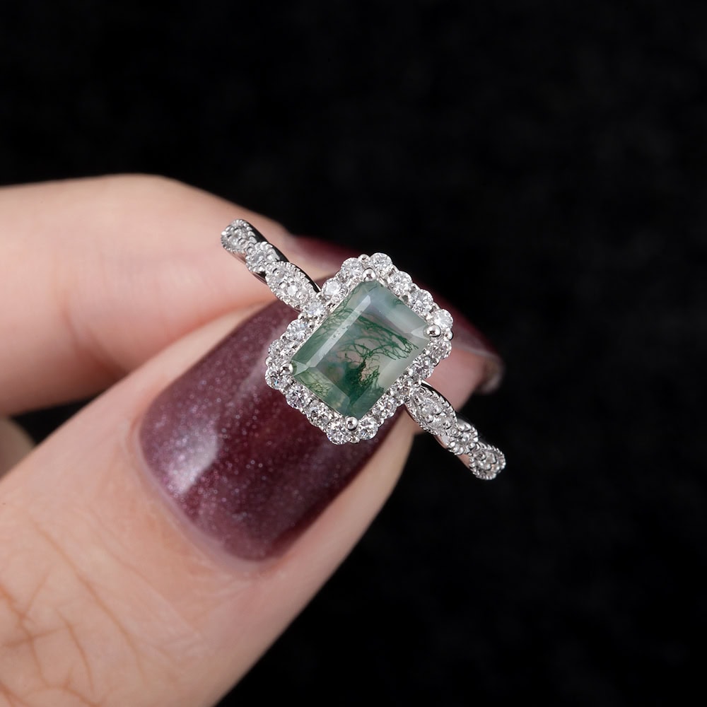 Vintage Inspired Emerald Cut Moss Agate Ring - Lindsey - Image 2