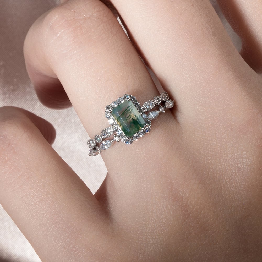 Vintage Inspired Emerald Cut Moss Agate Ring - Lindsey - Image 5