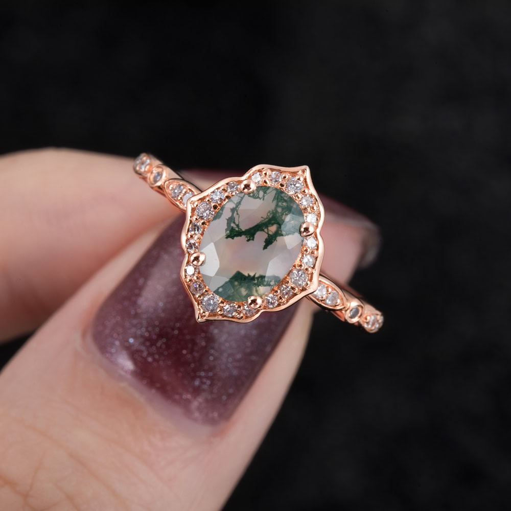 Oval Floral Vintage Moss Agate Ring - Maple - Image 3