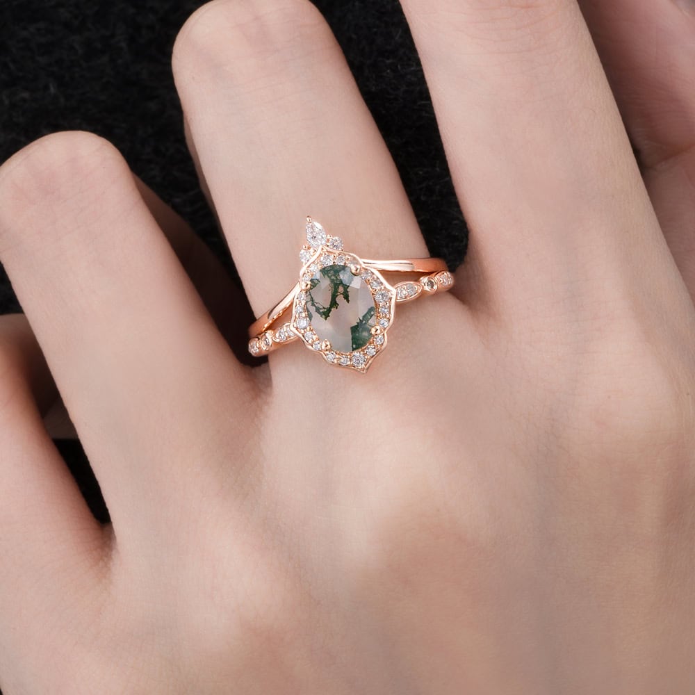 Oval Floral Vintage Moss Agate Ring - Maple - Image 5
