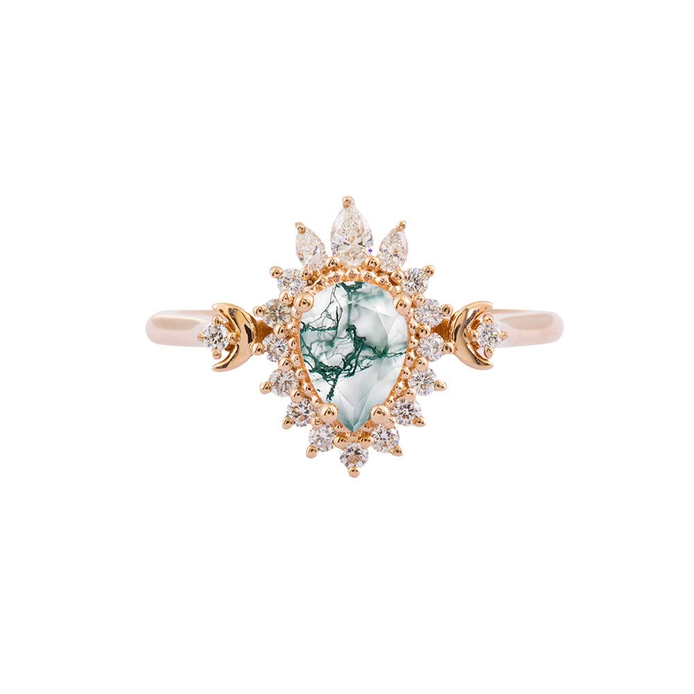 Crescent Moon Art Deco Moss Agate Ring - Daisy - Image 3