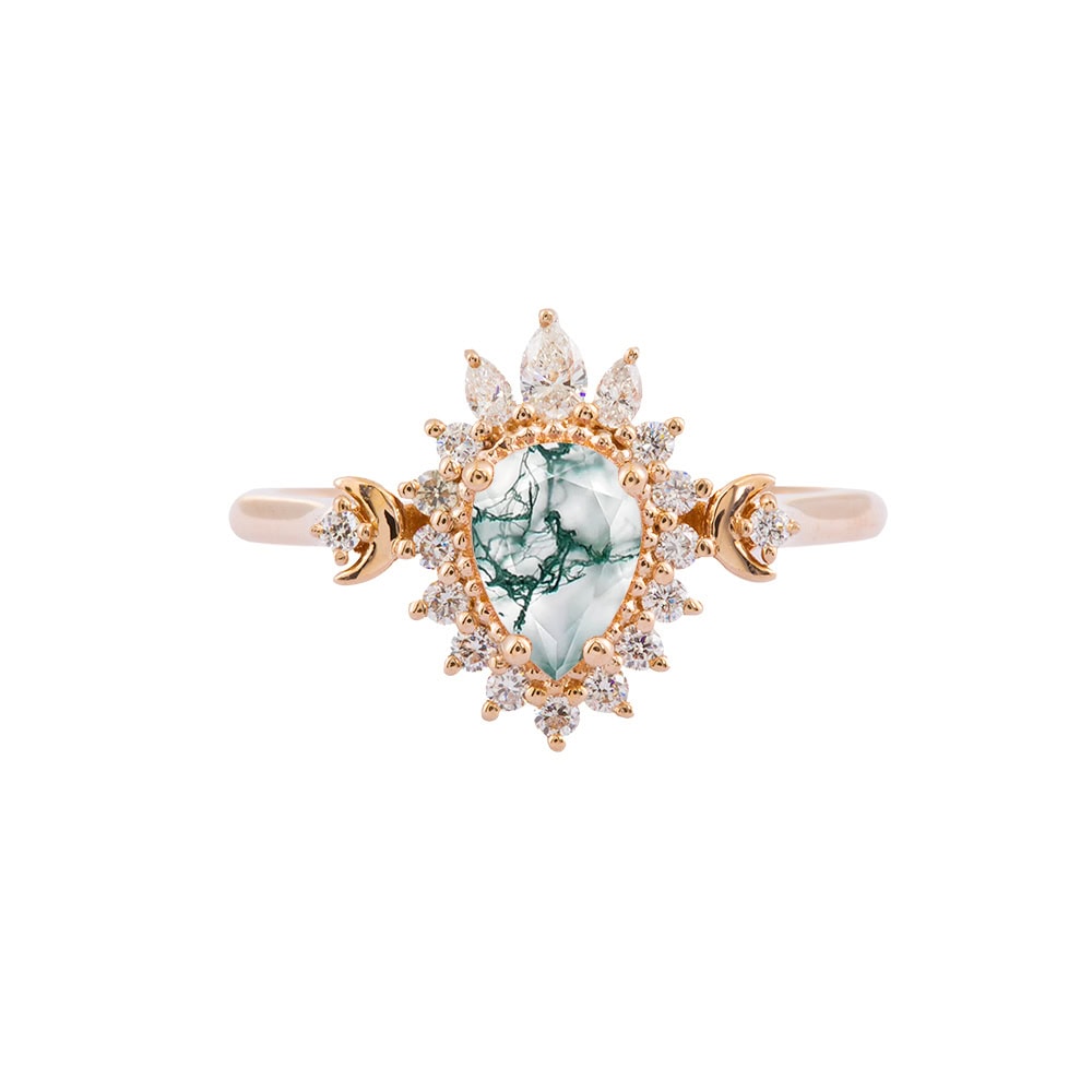 Crescent Moon Art Deco Moss Agate Ring - Daisy - Image 3