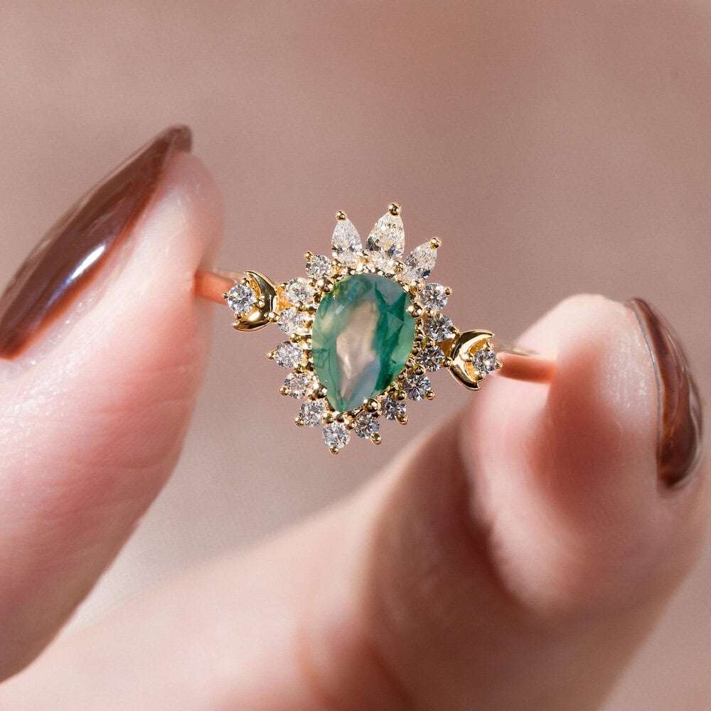 Crescent Moon Art Deco Moss Agate Ring - Daisy - Image 4